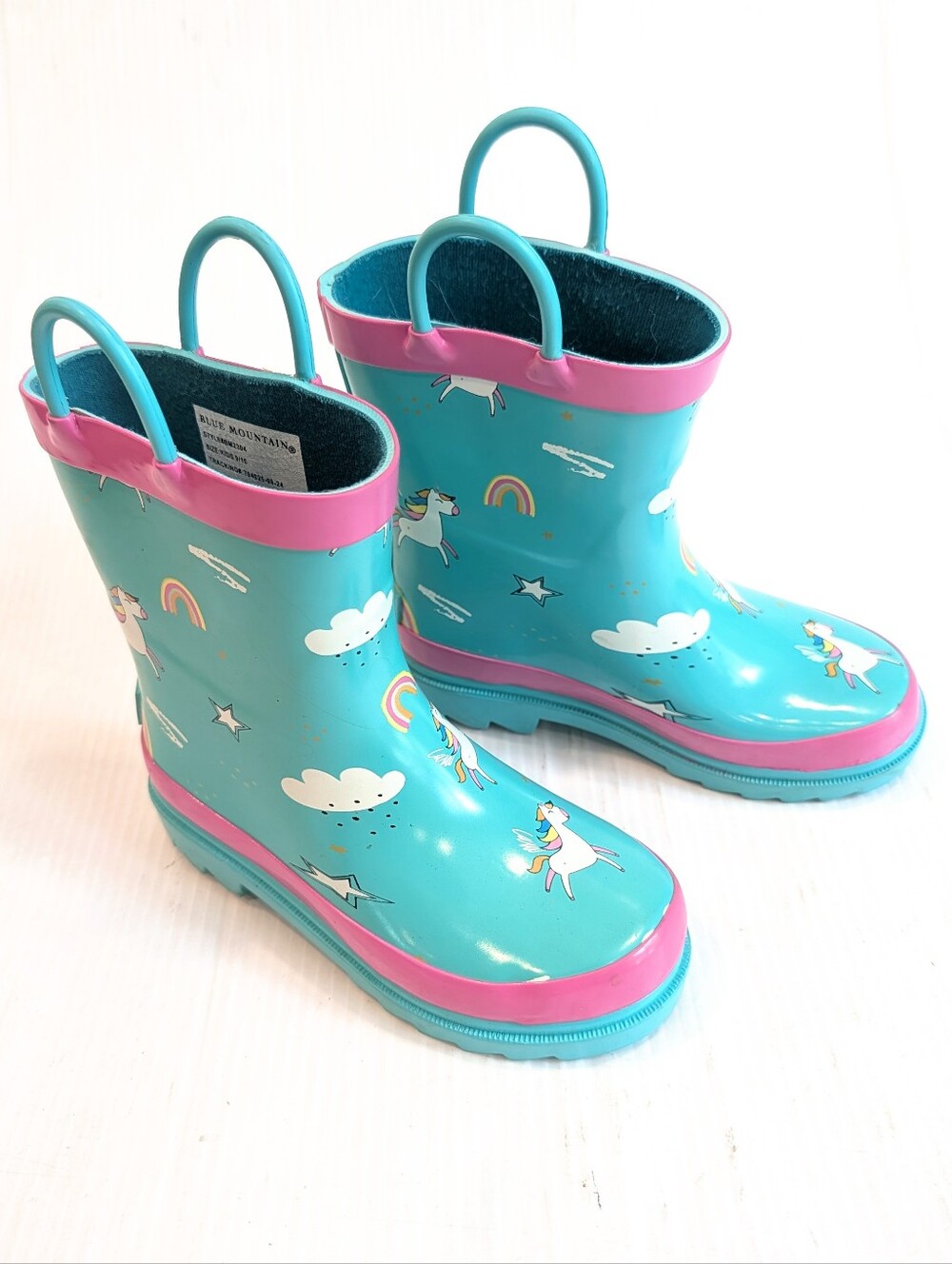 BLUE MOUNTAIN Kids Teal Unicorn Rain Boots with Pink Trim Size 9/10